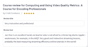 Five star review for video quality metrics course.